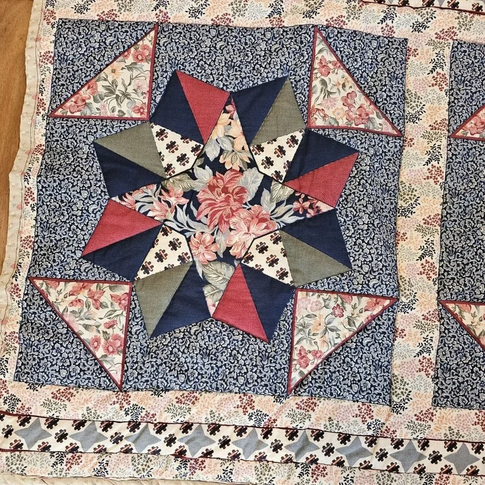 Vintage 90s Hand Stitched Star Quilt Tapestry Wall‎ Hanging Blue Roses Red 44x52